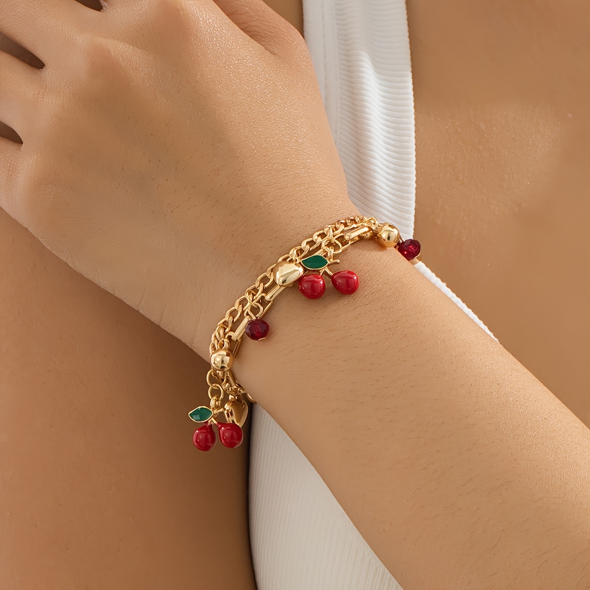 Women's Cherry Bracelet with Red Heart Pendant Anklet